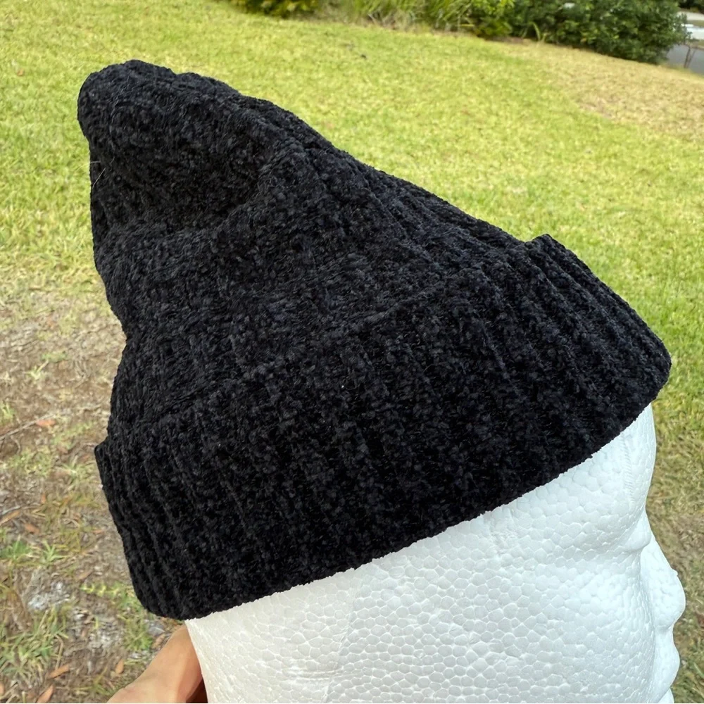 Britt's Knits Beyond Soft Chenille Beanie Black with Plush Lining Cable knit